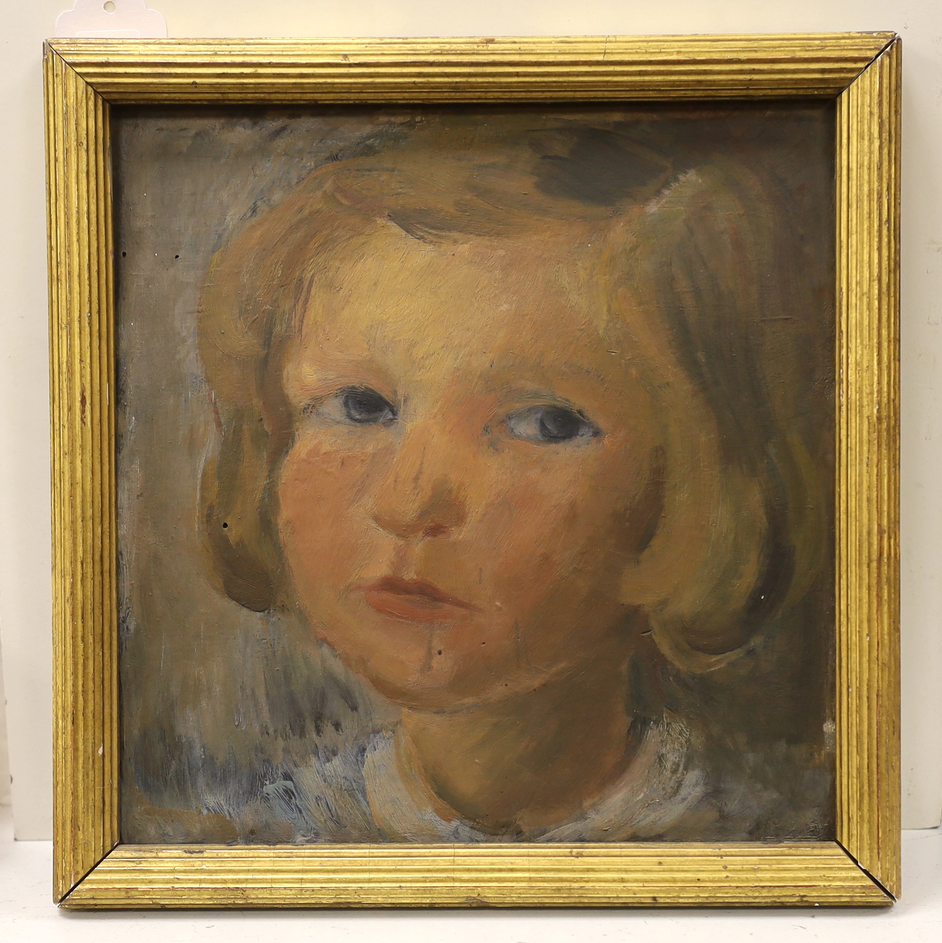 20th century School, oil on board, Portrait of a young girl, unsigned, 25 x 24cm